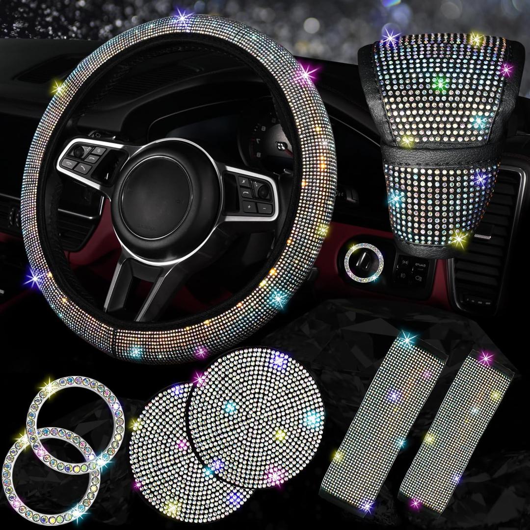 NBTEPEM 8 pcs Bling Car Accessories Set for Women, Steering Wheel Cover, Sparkly Seat Belt Covers, Bling Gear Shift Cover, Universal Fit Most Cars (Multicolor Diamond)