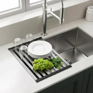 Meowoo Rectangle Dish Drying Rack, 17.5" x 13" Roll Up Over The Sink Dish Drainer Rack, Non-Slip Silicone Base, Stainless Steel Sink Drying Rack for Kitchen, Black