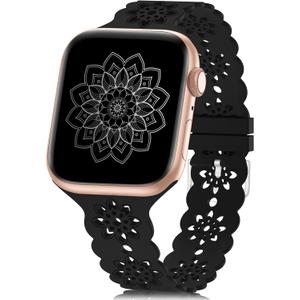 Floral Silicone Band Compatible with Apple Watch Bands 38mm 40mm 42mm 44mm 41mm 45mm 49mm Women Men, Design Wristbands Soft Breathable Watch Bands for iWatch Ultra/2/3 SE/3 Series 11/10/9/8/7/6/5/4/3/2/1 (Black)