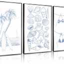 Trendy Coastal Wall Art Set of 3 Blue Seashell Bikini Coquette Posters Prints Coastal Granddaughter Beach House Preppy Aesthetic Wall Decor Pictures for Girly Bedroom Dorm Apartment Unframed 12x16in