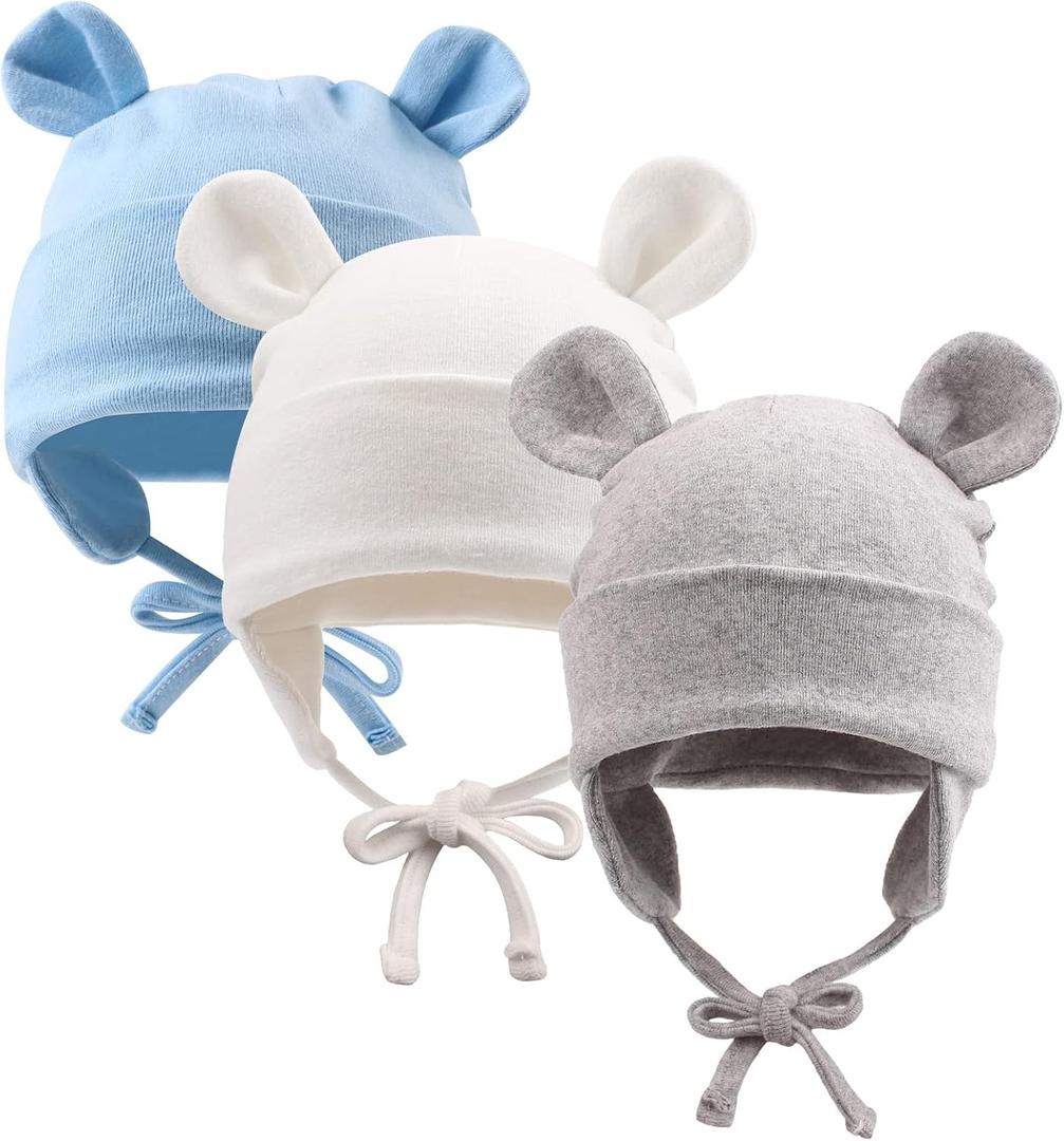 JANGANNSA Winter Baby Newborn Hat Cotton Baby Boy Beanie Autumn Infant Girls Hats 6-12Months 3 Pack (White+Gray+Sky Blue, 6-12 Months)