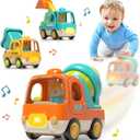 Baby Toys Push Cars for 1 2 3 Year Old Friction Powered Construction 3 Pack Friction Vehicle Set Excavator Dumper Cement Mixer Truck Lights and Musial Toys Birthday Gifts for Toddlers 1-3