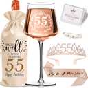 55th Birthday Gifts for Women Her - 55 & Fabulous Wine Glass, Wine Bag, Sash & Rhinestone Crown Tiara Set - 55th Birthday Decorations Party Supplies for Mom Wife Aunt Sister Friend