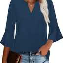 AKEWEI Women's 3/4 Length Bell Sleeve Tops V Neck Dressy Casual Shirts Ladies Loose Fit Blouses Tunic (Blue) 3XL