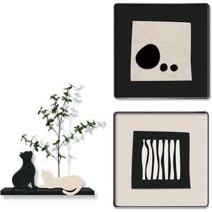3-piece Bohemian gallery wall decoration set, 2 high-definition crystal porcelain frame abstract prints+wooden cat sculptures+artificial green plants, soft black border frame, minimalist wall art for living room and bedroom entrances, 15.75"x15.75"