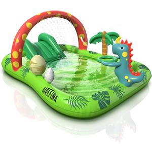 Inflatable Kids Pool, Airefina Dino Planet Inflatable Play Center Kiddie Pool with Water Slide, Ultra Thick 97"x76"x41" Toddler Pool with Play Ball Hoop, for Backyard, Garden, Water Park, Ages 3+