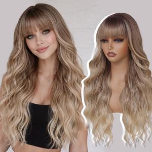 Long Blonde Highlights Wigs with Bangs 26Inch Wavy Curly Hair for Women Tangle Free Soft Natural Looking Wig for Daily Party Use (Ombre Dark Blonde)
