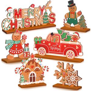 Menkxi 6 Pcs Christmas Wooden Table Decorations Merry Christmas Sign Wood Table Centerpiece Gingerbread Man Snowflake Centerpieces for Coffee Table Holiday Xmas Dinner Party Decor