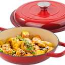 3 Quart Enameled Cast Iron Braiser, Non Stick Enameled Cast Iron Skillet with Lid, Dutch Oven Skillet with lid up to 500F for Oven, Stove, Grill, Shallow Dutch Oven for Cook, Bake (Red)
