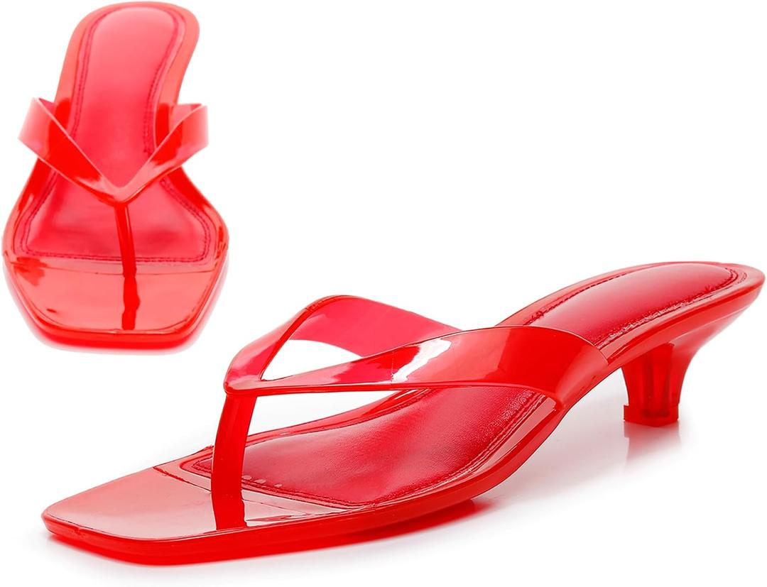 Women Kitten Heeled Sandals Waterproof Thong Flip Flops Memory Foam Comfort Insole Summer Quick Dry Casual Pool Beach Shoes (Red, M), Size 8