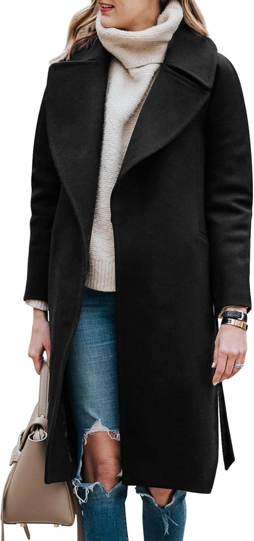 BZB Women's Trench Coat Long Wool Blend Pea Coat Winter Casual Overcoat Notched Lapel Collar Belted Long Jacket Outerwear (Medium, Black)