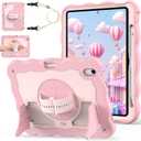 for iPad A16 11th Generation 2025 / 10th Gen Case 2022, for 11 Inch / 10.9 Inch iPad Case Heavy Duty Cover Shockproof with Pencil Holder [360 Rotate Strap] & Stand, Pink