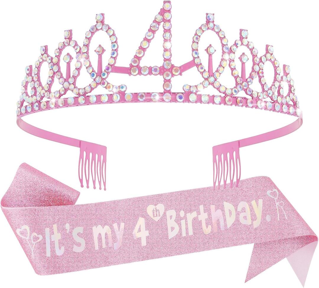 Canitor Birthday Decorations for Girls - Crown Tiara Sash Set and Headband Gift (4 years old)