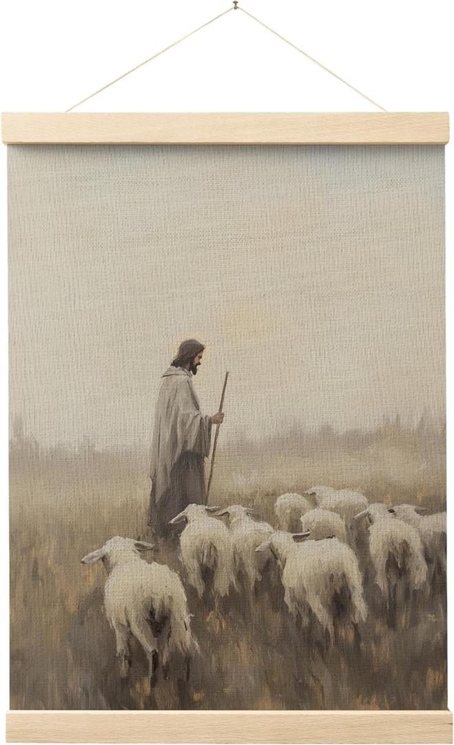 FGFK Christian Jesus Shepherd Wall Art Poster Hanger Frame, Christian Room Decor, Jesus and Lamb Religious Canvas Prints Framed Wall Decor for Home Bedroom Living Room Church, 12x16 Inch
