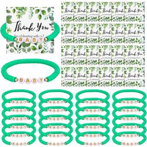 Quelay 24 Pcs Baby Shower Favors Green Clay Bracelets Bulk Eucalyptus Thank You Gift for Guests Party Favors with Cards Party Decorations Gift