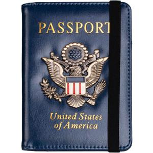 TOURSUIT RFID Blocking Passport Holder for Women Men, Leather Passport Travel Wallet with 3D Metal Badge, Travel Document Holder Cover Accessories (Dark Blue)