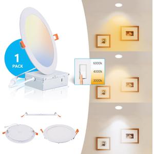 8 Inch LED Recessed Light with Junction Box.1Pack Ultra Thin LED Recessed Lights 3CCT 3000K/4000K/6000K Selectable Dimmable,18W 8" Ceiling Canless Light Downlight, Can Killer Lighting CR80+
