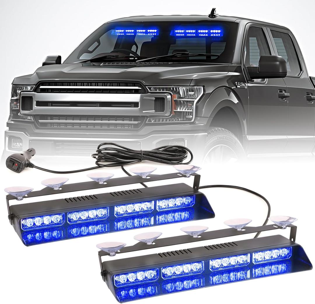 2 in 1 LED Emergency Dash Strobe Light Bar Front/Rear Windshield Safety Flashing Warning Hazard Interior Lights for Police Firefighter Construction Vehicles Trucks (2x14 inch, Blue/Blue)