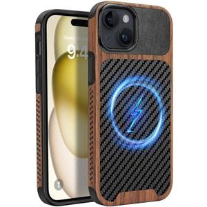 ZZDZZ Magnetic Case Compatible with iPhone 15 Plus Case [Compatible with MagSafe] Wood and Leather Carbon Fiber Design Hybrid Shockproof Phone Case (Black)