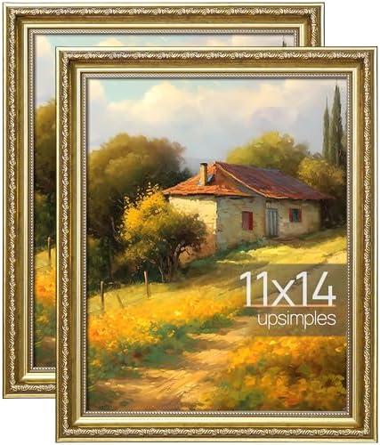 upsimples 11x14 Picture Frame with Real Glass, Ornate Vintage 11 x 14 Photo Frames for Wall Decor or Tabletop Display, Gold, 2 Pack