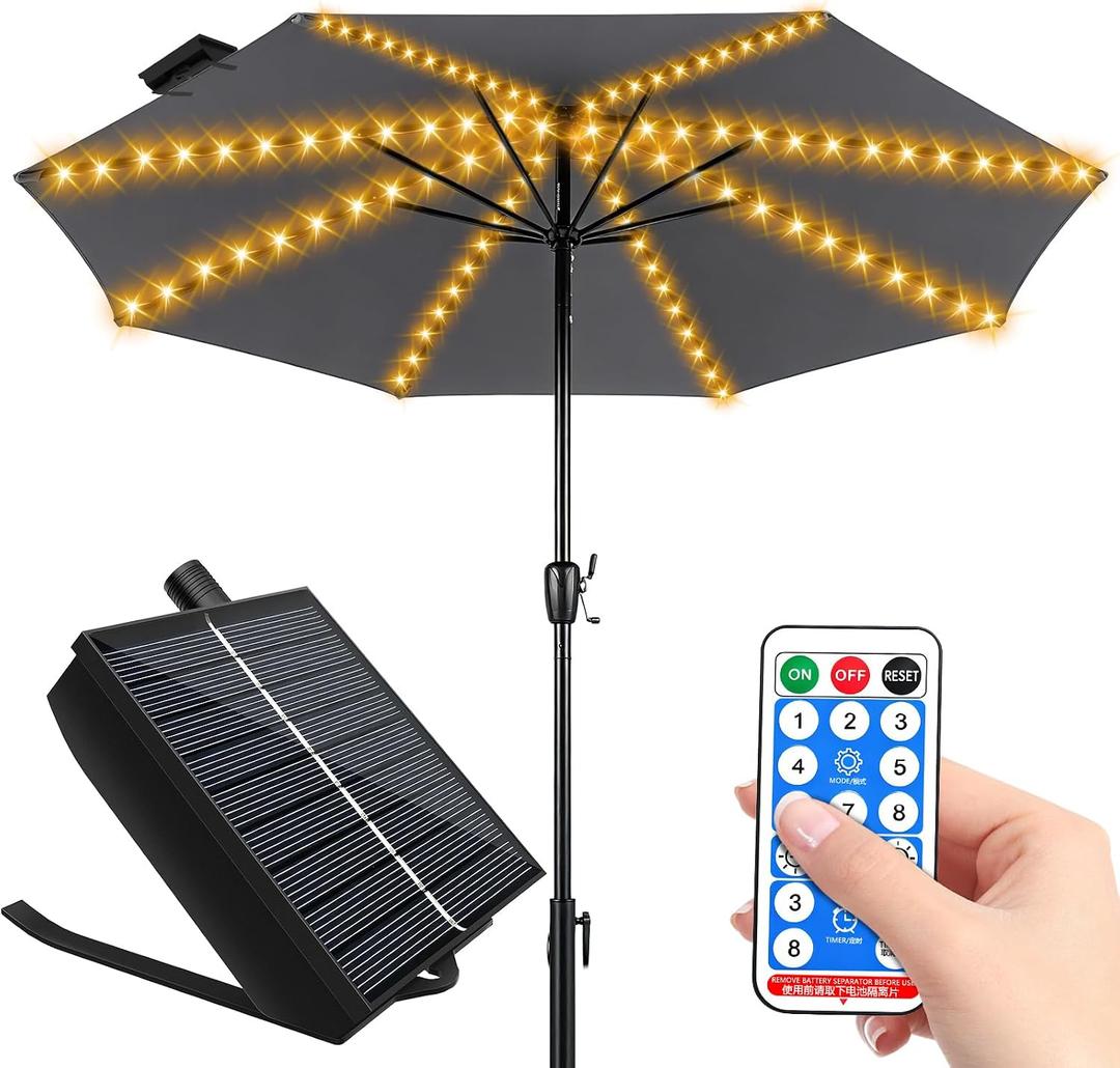 Solar Umbrella Lights Outdoor, Waterproof Solar Powered Patio Umbrella Lights Strings with 104 LEDs 8 Lighting Modes Remote Control, Warm White