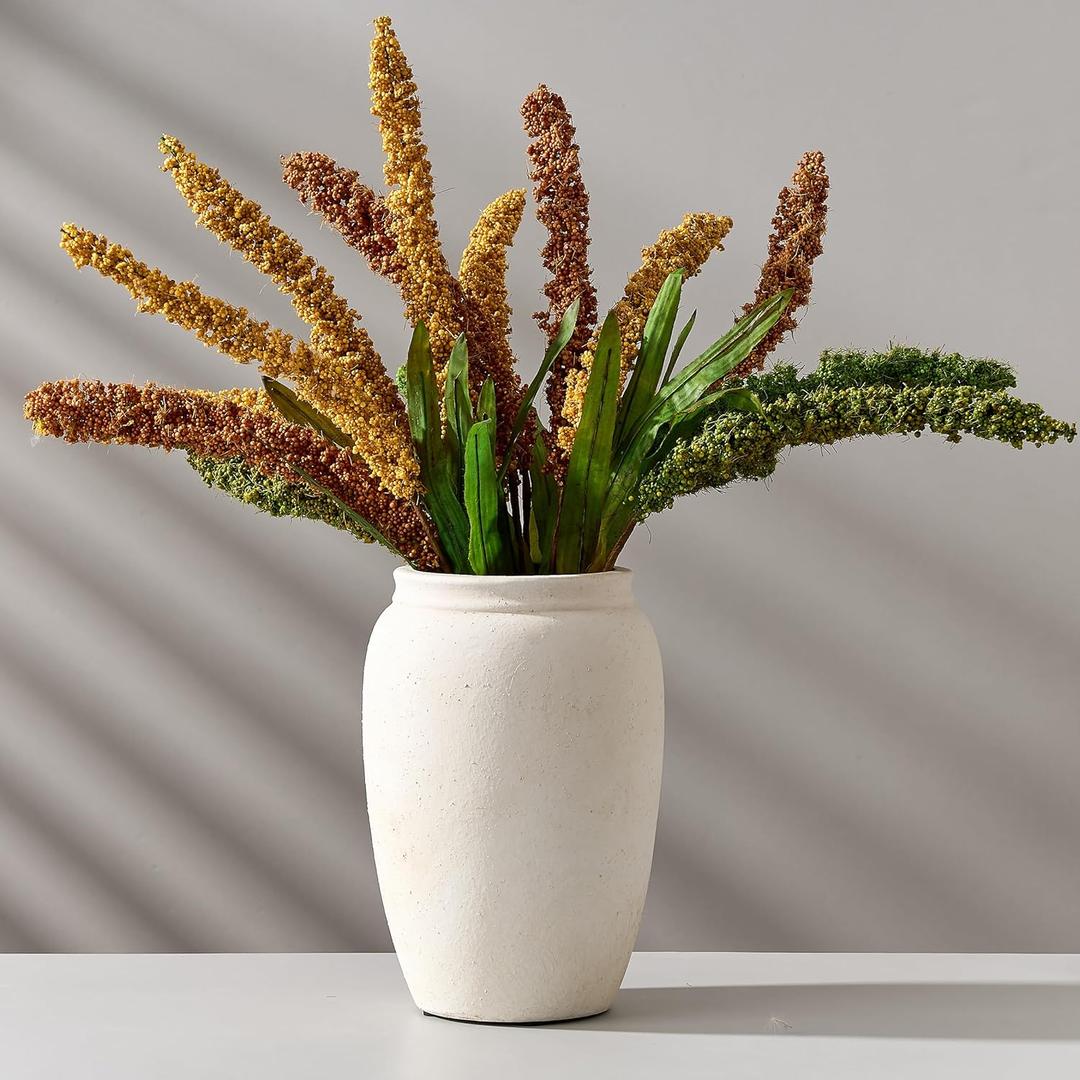 PORCER Ceramic Vase, 8.2 Inches Vintage Pottery White Vases, Rustic Home Decor, Farmhouse Terra Cotta Vase for Living Room, Entryway, Floor, Holiday Wedding Christmas New Year Gifts-Beige