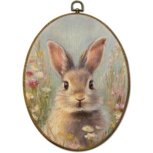 QZQE Spring Easter Bunny Oval Wall Art Decor Framed, Cottagecore Wildflower Rabbit Oval Canvas Prints, Easter Bunny Rabbit Wall Hanging Decor for Nursery Home Bedroom Living Room, 8.6x11.4 Inch