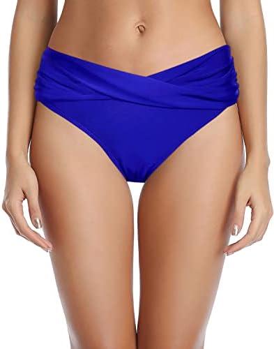Tempt Me Women Twist Bikini Bottom Moderate High Cut Bathing Suit Bottoms Ruched Swimsuit Bottom, Blue, S