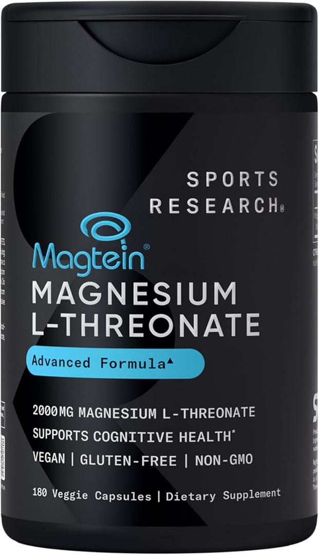 Sports Research Magtein Magnesium L-Threonate Capsules - Magnesium Supplement for Memory, Focus & Cognition - Magnesium L Threonate Supports Brain Health, Sleep & Mood- 2000mg, 180 Capsules for Adults