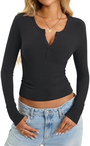 EasyGala Womens Cotton Long Sleeve Shirts V Neck Henley Tops Slim Fit Basic Going Out Tshirts Fall Fashion Outfits 2025 S