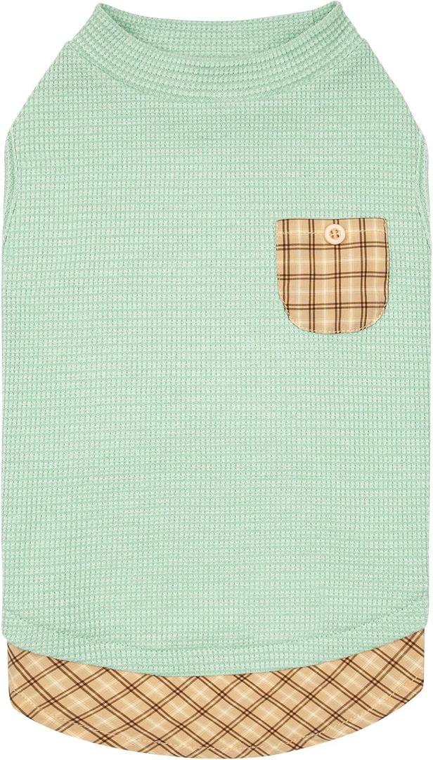 KYEESE Waffle Dog Shirts for Small Dogs Soft Lightweight T-Shirts Sleeveless Vest Stretchy Puppy Tee with Decorative Pocket and Stylish Plaid Patchwork, X-Large