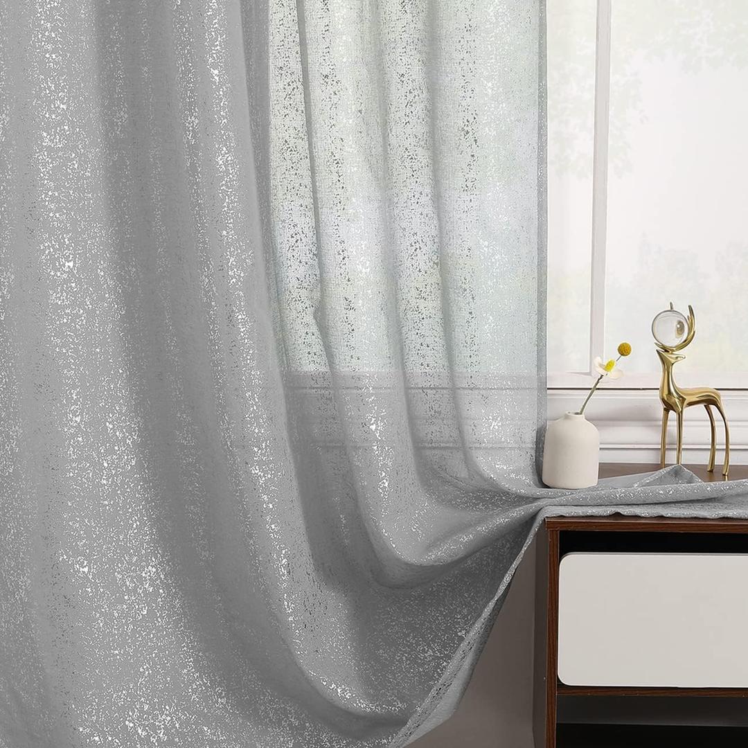TERLYTEX Extra Long Silver Sheer Curtains 120 Inches Long, 2 Panels Metallic Silver Foil Sparkle Shimmer Curtains for Living Room, Rod Pocket Light Filtering Glitter Curtain Drapes, 52 x 120 Inch