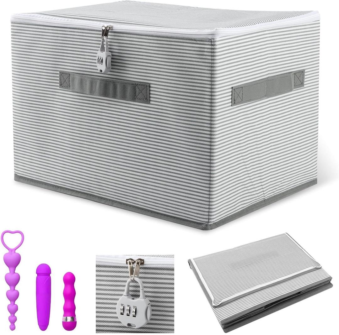 Lockable Adult Toy Storage Organizer,15 x 10 x 10 Inches Adult Toy Bag Storage Bins Case with Zipper Lid for Women and Men(Gray Stripes)
