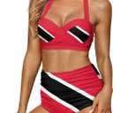 Women High Waisted Bikini Set Two Piece Tummy Control Swimsuit Halter Top with Bottom Cheeky Bathing Suit Size Large (Red)