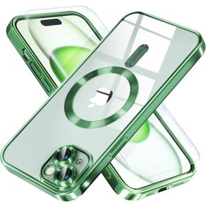 Misea Magnetic for iPhone 15 Case Compatible with MagSafe [Never Yellowing] [Military Grade Drop Protection] Full Camera Lens Protector Plating Soft Clear Phone Case for Women, Green