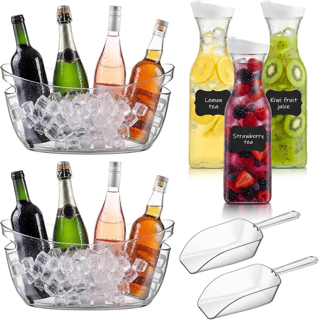 meekoo Mimosa Bar Clear Plastic Ice Bucket for Champagne Parties and Cocktail Buckets Set with Juice Carafes, Scoops, Chalkboard Labels, and Markers for Brunch, Bridal Showers, and Weddings
