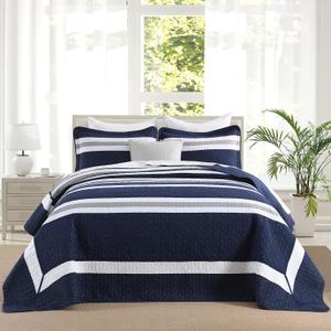 Finlonte Navy Oversized King Bedspread 120"x120" - 3 Pieces 100% Cotton Striped Bedspread Coverlet Set, Lightweight Quilted Bed Spread, Modern Oversized Queen Quilt with 2 Pillowshams, Navy/Gray/White