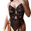 Kaei&Shi Floral Embroidered, Underwire, Removable Garter, Thigh Straps, Backless Bodysuit (10, Black)