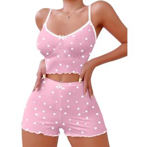 Hilinker Womens 2 Piece Heart Pajama Set Ribbed Cami Top and Shorts Sleepwear Cute Pjs Pink White Heart N Small (Pink)