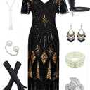 Women's 1920s Gatsby Inspired Sequin Beads Long Fringe Flapper Dress w/Accessories Set (3X-Large, Black&gold)