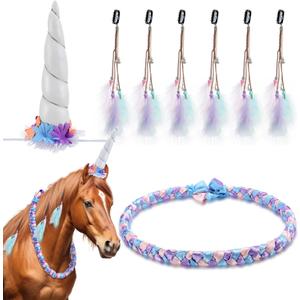 8 Pcs Halloween Horse Costumes for Horses to Wear, Unicorn Costume Kit, Include Neck Wreath & 6 Mane Feathers Clip in Hair Extensions Coat Care for Horse Halloween Party Decor