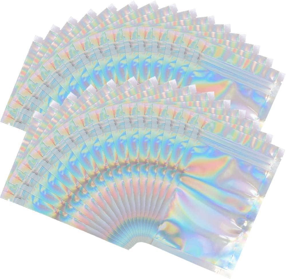 100 Pieces Mylar Holographic Resealable Bags - 4 x 6" Smell Proof Bags, Candy Bags Foil Pouch Bags for Party Favor Food Storage Holographic Color, 4 x 6 Inch