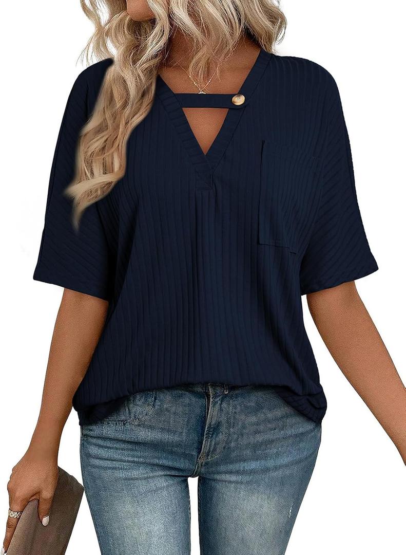 EVALESS Womens Summer Tops V Neck Short Sleeve Solid Loose Dressy Casual Basic T Shirts Tee Blouses (Small)