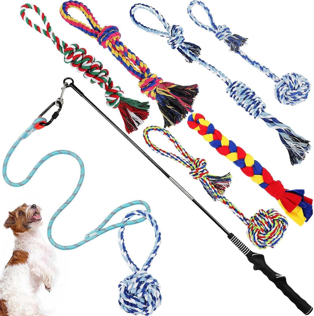 Leyndo 7 Pcs Flirt Pole for Dogs with 6 Flirt Pole Replacement Toys Puppy Teething Toys for Small Medium Dogs Exercise Training