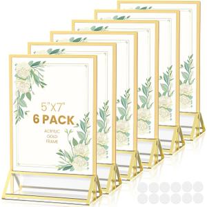 Acrylic Sign Holder 5X7 Gold Frames Double-Sided Gold Picture Frames for Flyer Holder Menu Holder Wedding Table Number Holder Christmas Photo Frame with Removable Sticky Dots -6 Pack