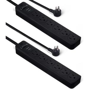 Amazon Basics Rectangle 6-Outlet Surge Protector Power Strip with Circuit Breaker, 600 Joule, 2ft Cord, Black, 2-Pack