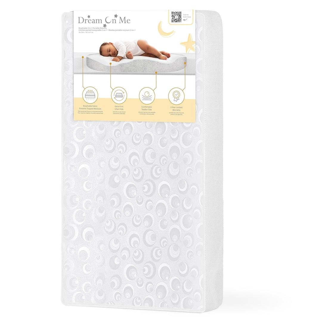 Dream On Me 2-in-1 Breathable Two-Sided 3" Portable Mini Crib Mattress, Greenguard Gold Certified, Vinyl and Breathable Fabric, White, 38x24x3 Inch