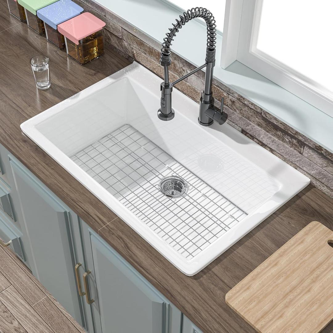 33x22 Drop In Kitchen Sink White 1 Hole, 33 Inch Topmount Fireclay Sink Drop In Single Bowl, Heavy Duty Large Capacity Deep Basin, w 2 Custom Accessories, Pure White, for Kitchen, Large, Min. Cabinet Size: 36"