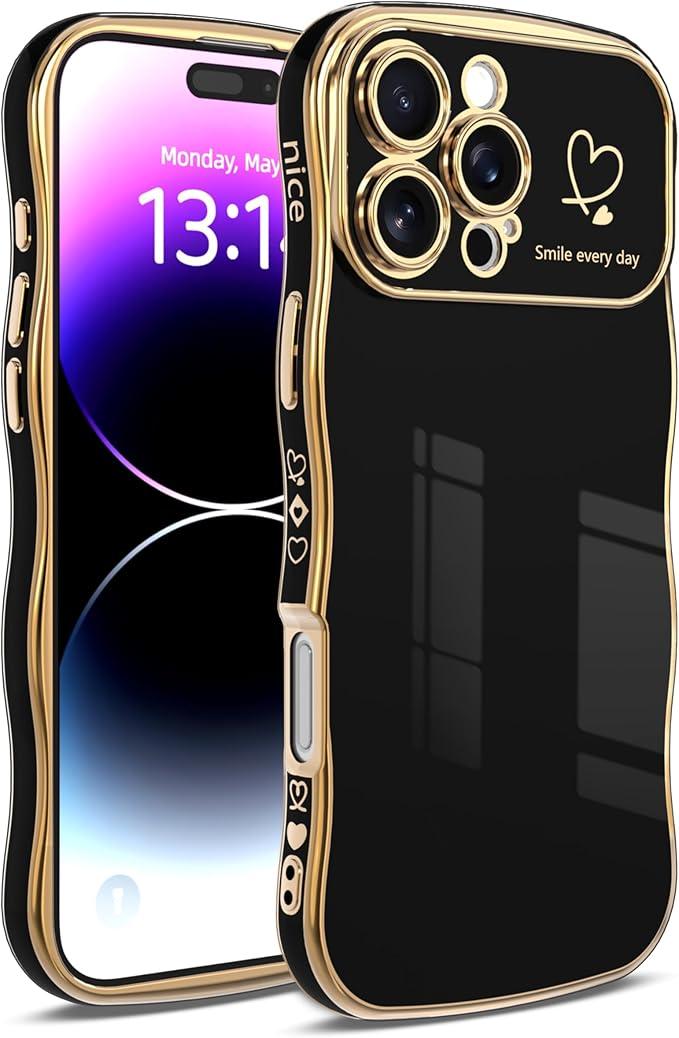 for iPhone 15 Case for Women & Girls - Cute Wave Design with Curly Shape, Heart Pattern, Raised Camera Protection, Luxury Plating, Shockproof（iPhone 15, Black) , Set Of 3