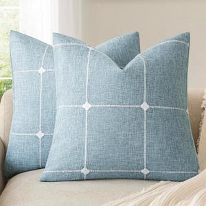 Foindtower Pack of 2 Decorative Faux Linen Jacquard Check Throw Pillow Covers Farmhouse Cushion Cover with Grid Textured Accent Pillowcase for Couch Sofa Living Room Home Decor,1616 Inch,Light Blue